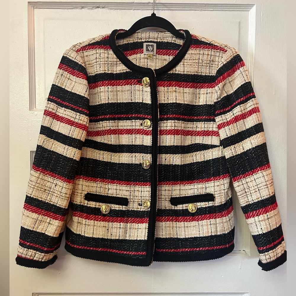 Anne Klein Black Red Stripe Tweed Look Blazer
